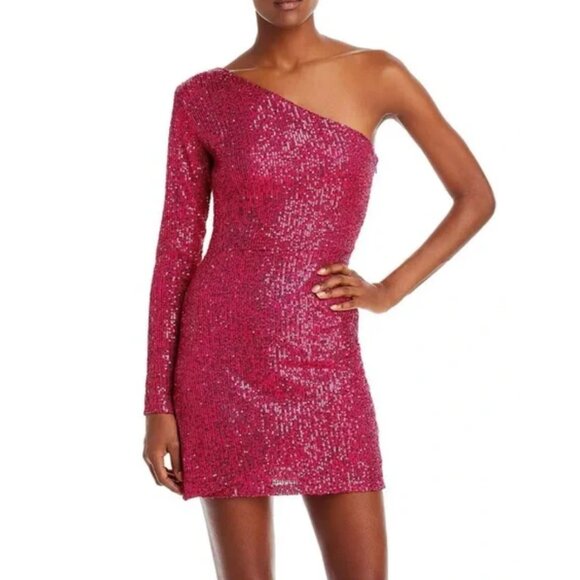AQUA Pink Sequin One-Shoulder Mini Dress, Size M, New with Tag - Picture 1 of 4